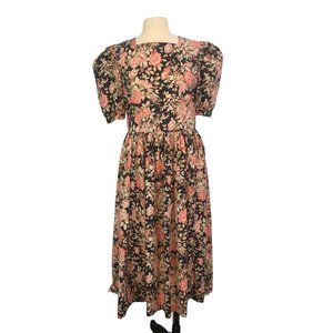Laura Ashley Great Britain Vintage 80s Black Pink Cotton Floral Tea Dress 12‎